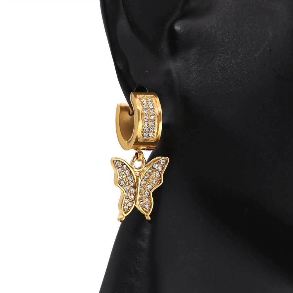 Ladies Butterfly 14k Gold Diamond Hoop Earrings